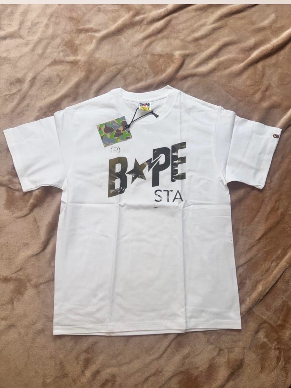 Bape White Tee with Olive Camo Logo